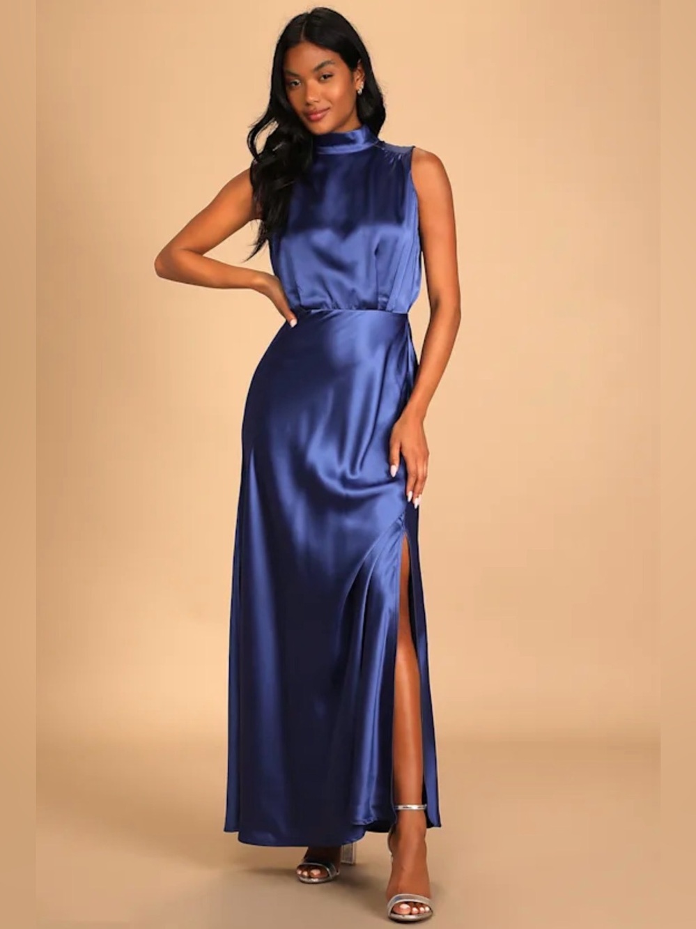 Lulus Periwinkle Purple Blue Satin Mock Neck Maxi Dress Large Sleeveless Formal